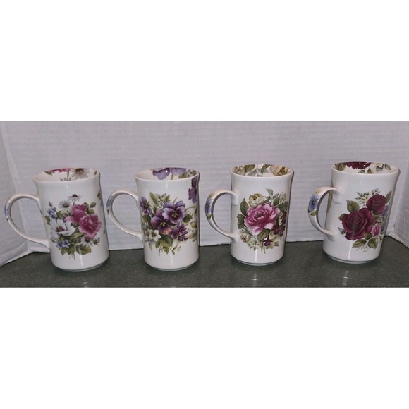 St George ENGLAND fine bone china floral coffee tea mugs cups 10 oz Set Of 4 - Picture 3 of 11
